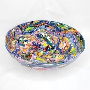Colorful Abstract Floral Fruit Bowl Round Swirl Footed Stars Artist Signed OOAK